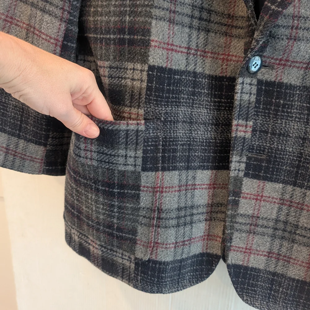 LIZ WEAR Navy & Gray Plaid Wool Blend Blazer Jacket Size 12